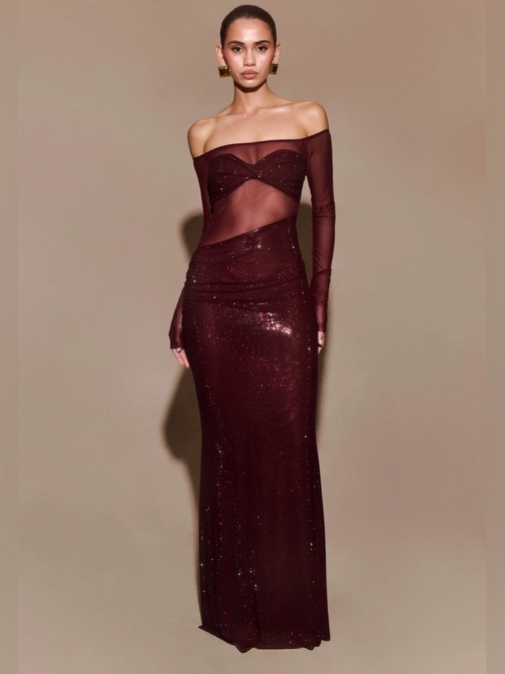 MESHKI burgundy rhinestone dress